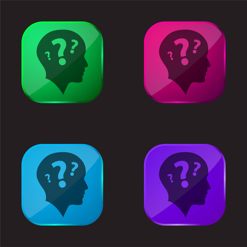 Bald Head Side View With Three Question Marks four color glass button icon - ベクター画像