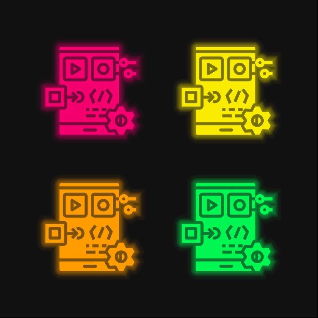 Desarrollo de aplicaciones de cuatro colores brillante icono de vectores de neón - Vector, imagen