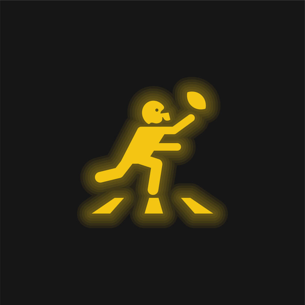 Αμερικανός ποδοσφαιριστής τρέχει με την μπάλα κίτρινο λαμπερό νέον εικονίδιο - Διάνυσμα, εικόνα