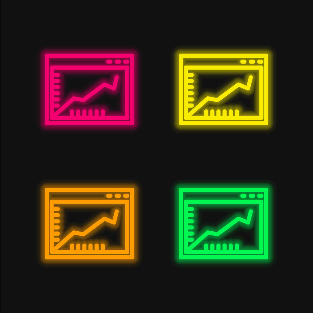 Gráfico de linha ascendente em uma janela do navegador dentro de um círculo ícone de vetor de néon brilhante de quatro cores - Vetor, Imagem