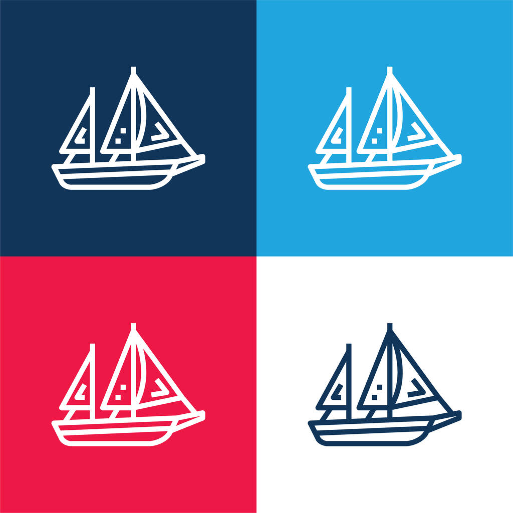 Boot blauw en rood vier kleuren minimale pictogram set - Vector, afbeelding