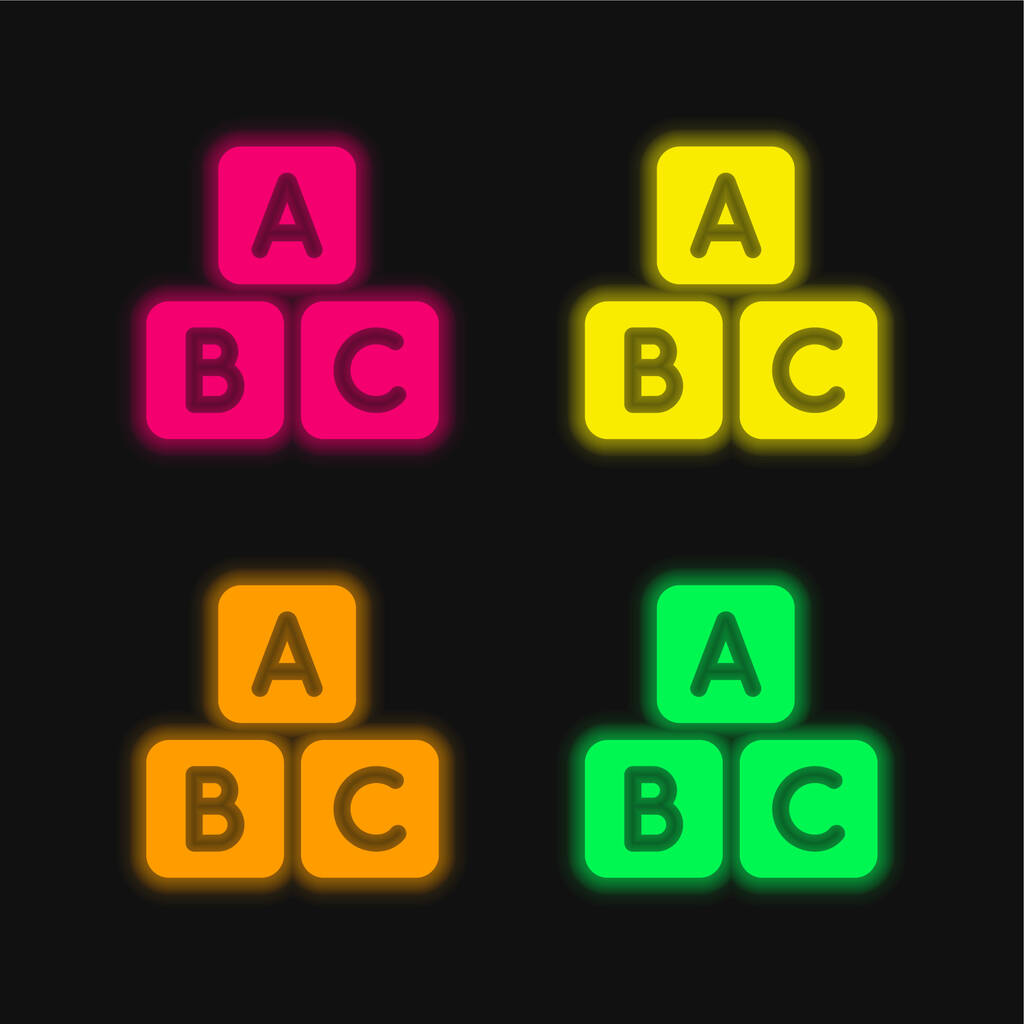 Abc Block vier Farbe leuchtenden Neon-Vektor-Symbol - Vektor, Bild