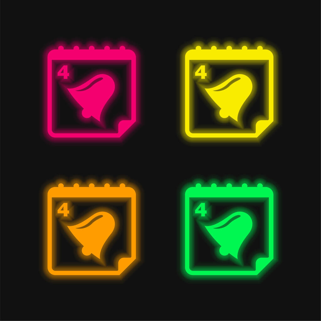 Campana en la página del calendario del día 4 icono de vectores de neón brillante de cuatro colores - Vector, Imagen