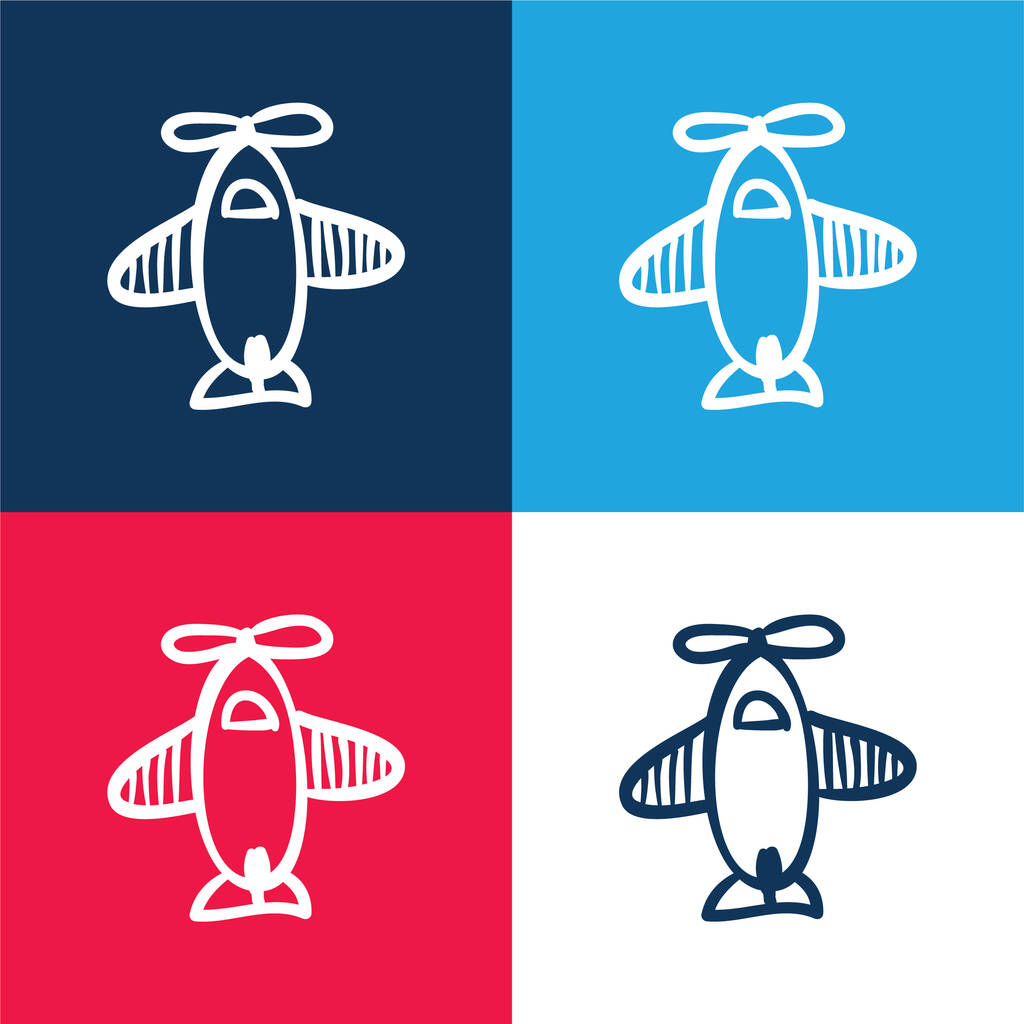 Giocattolo disegnato a mano aereo da vista dall'alto blu e rosso set di icone minime a quattro colori - Vettoriali, immagini
