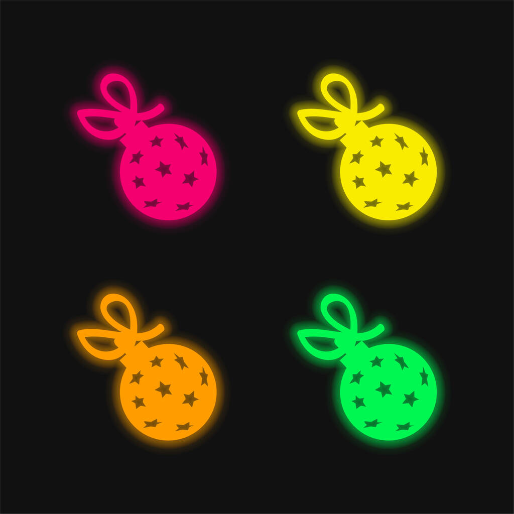 Ball met sterren en lint vier kleuren gloeiende neon vector pictogram - Vector, afbeelding