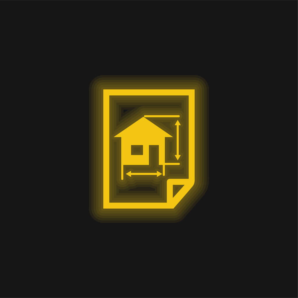 Архитектурный рисунок дома на бумажной желтой перчаточной неоновой иконе - Вектор,изображение