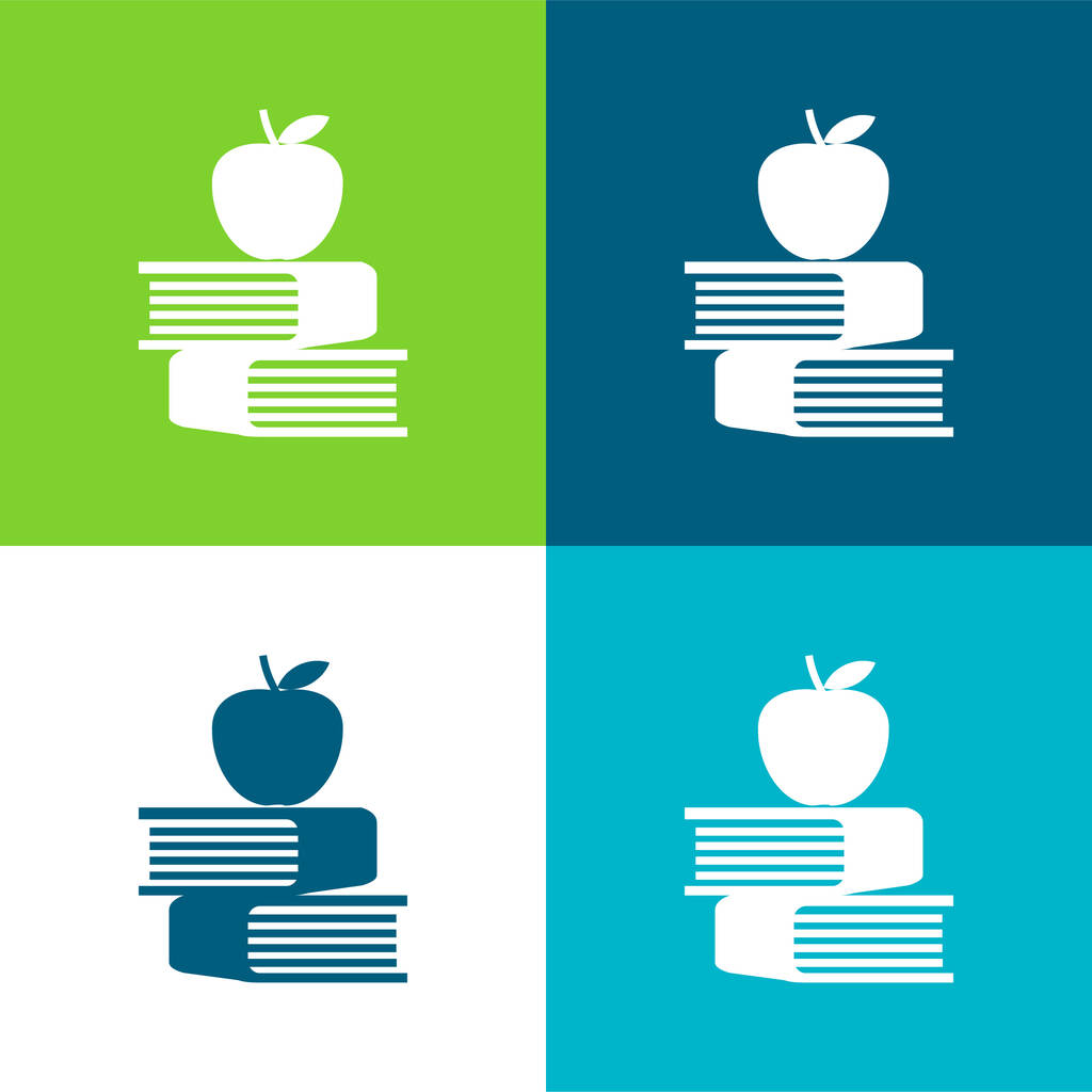 Apple et livres Ensemble d'icônes minime plat quatre couleurs - Vecteur, image