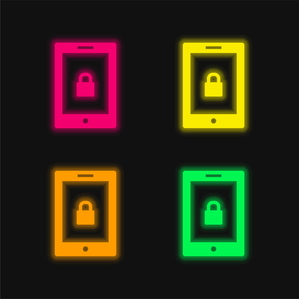 Blocked Tablet four color glowing neon vector icon - Vector, Image