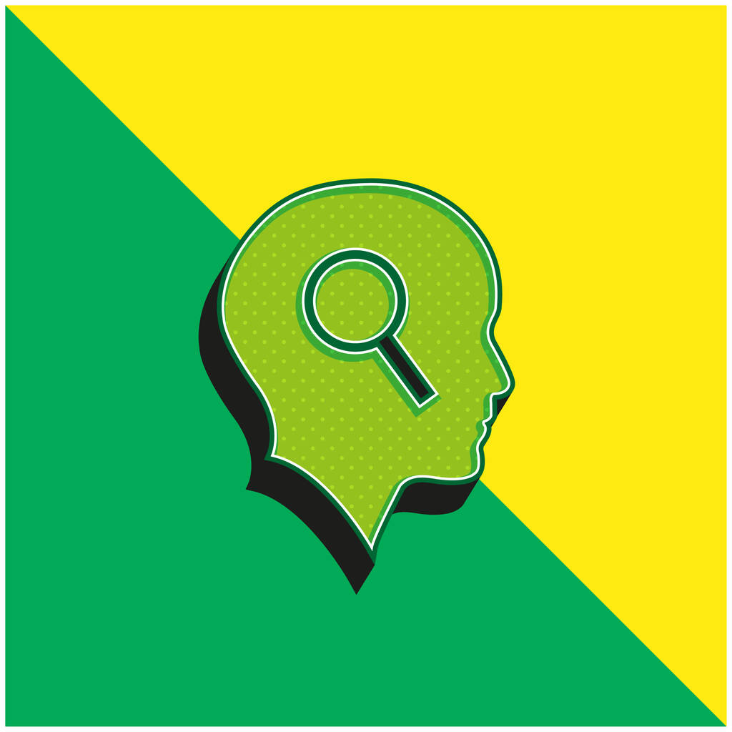 Kale hoofd met vergrootglas Groen en geel modern 3D vector pictogram logo - Vector, afbeelding