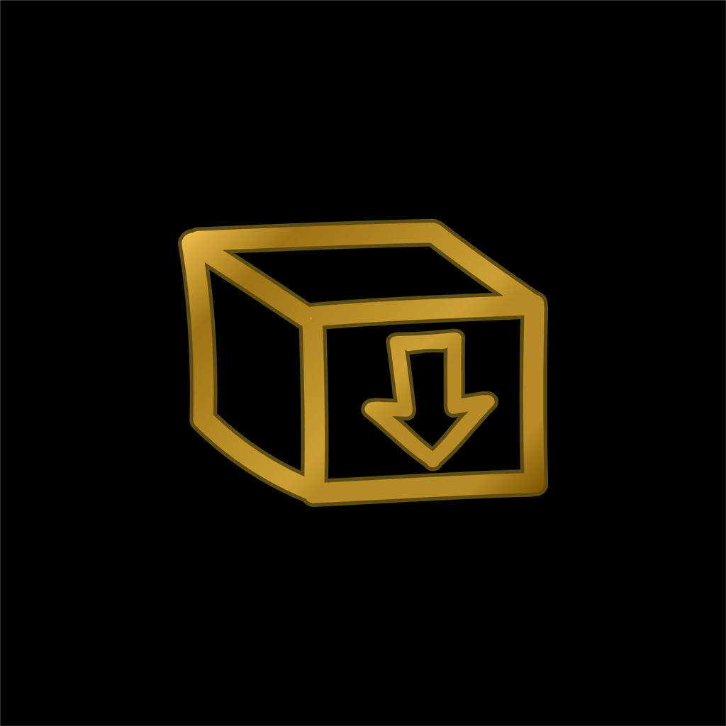 Caja con un signo de flecha apuntando hacia abajo Símbolo dibujado a mano chapado en oro icono metálico o logo vector - Vector, Imagen