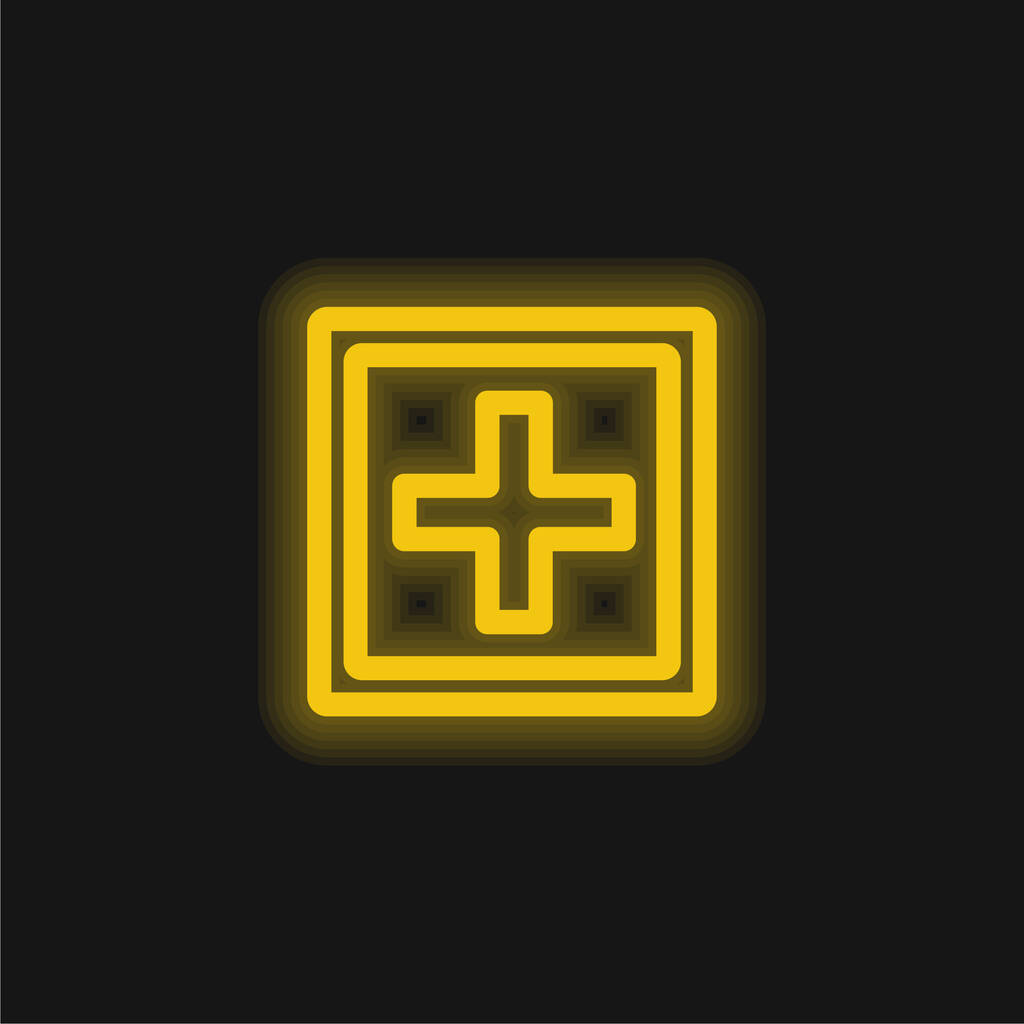 Ajoutez le signe de bouton d'un symbole plus à l'intérieur d'une icône de néon jaune rougeoyante de forme carrée double - Vecteur, image