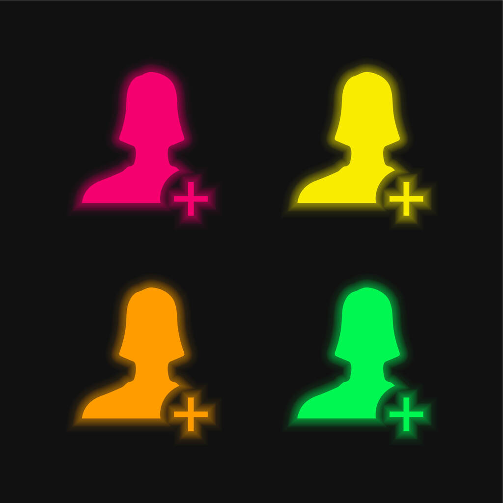 Ajouter utilisateur femelle quatre couleur brillant icône vectorielle néon - Vecteur, image