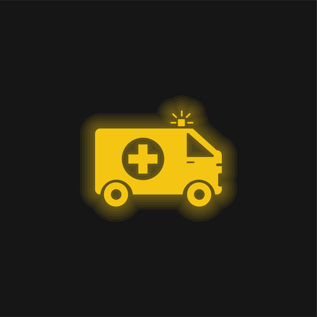 Rettungswagen mit Ersthelferzeichen, gelbes leuchtendes Neon-Symbol - Vektor, Bild