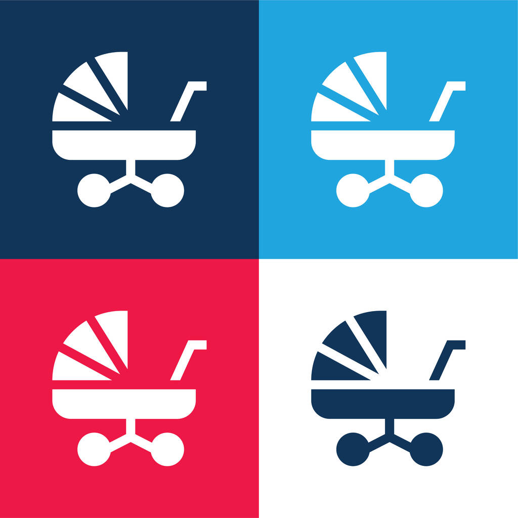 Детская коляска синий и красный четыре цвета минимальный набор значков - Вектор,изображение