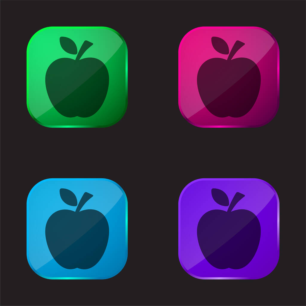 Silueta negra manzana con una hoja icono de botón de cristal de cuatro colores - Vector, imagen