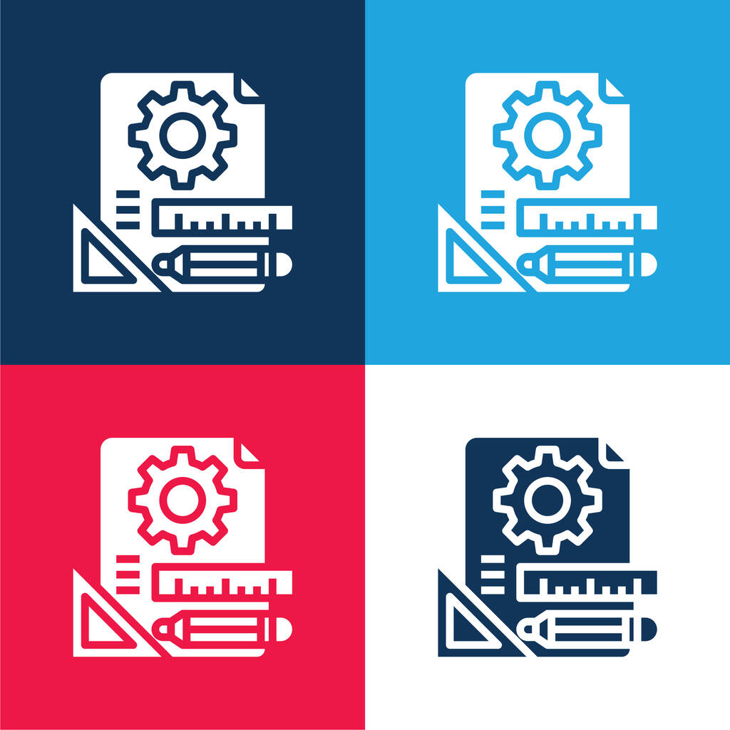 Blueprint bleu et rouge quatre couleurs minimum jeu d'icônes - Vecteur, image