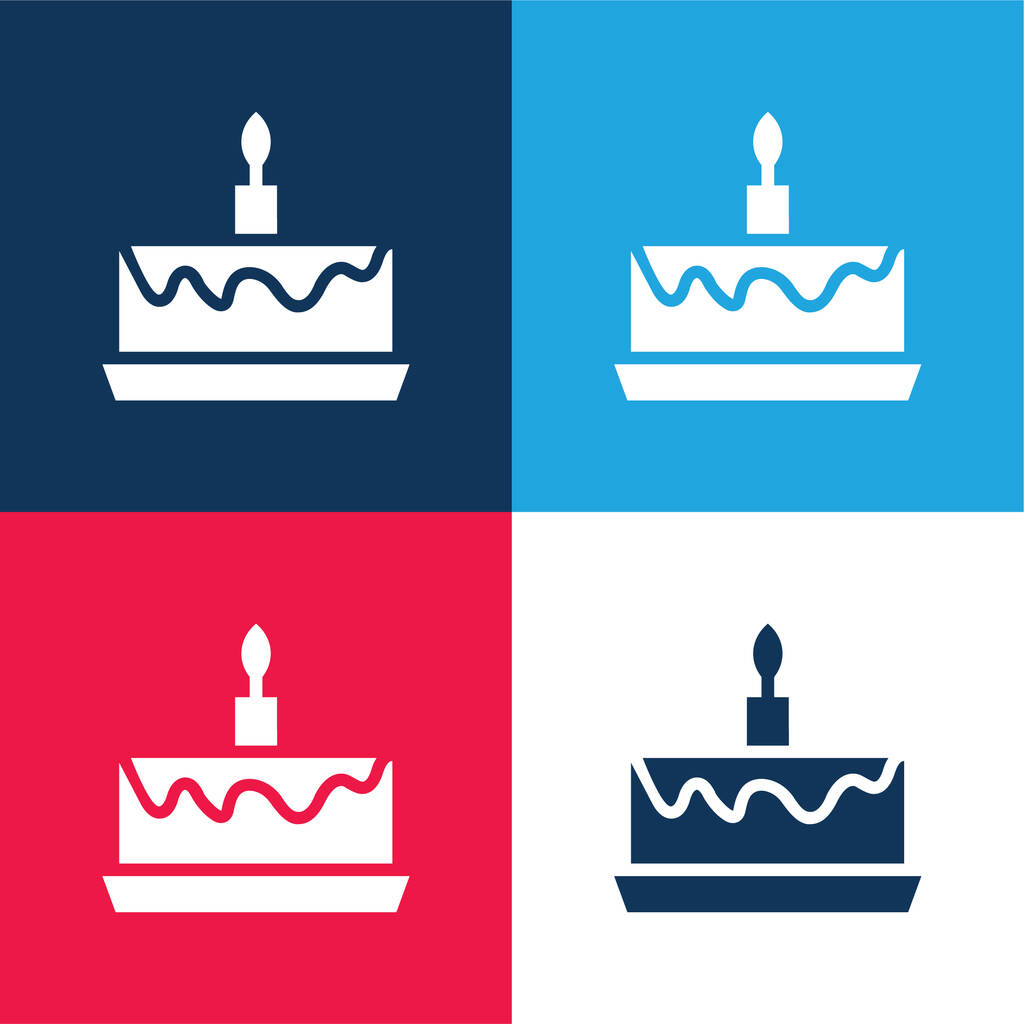 Tarta de cumpleaños azul y rojo conjunto de iconos mínimo de cuatro colores - Vector, imagen