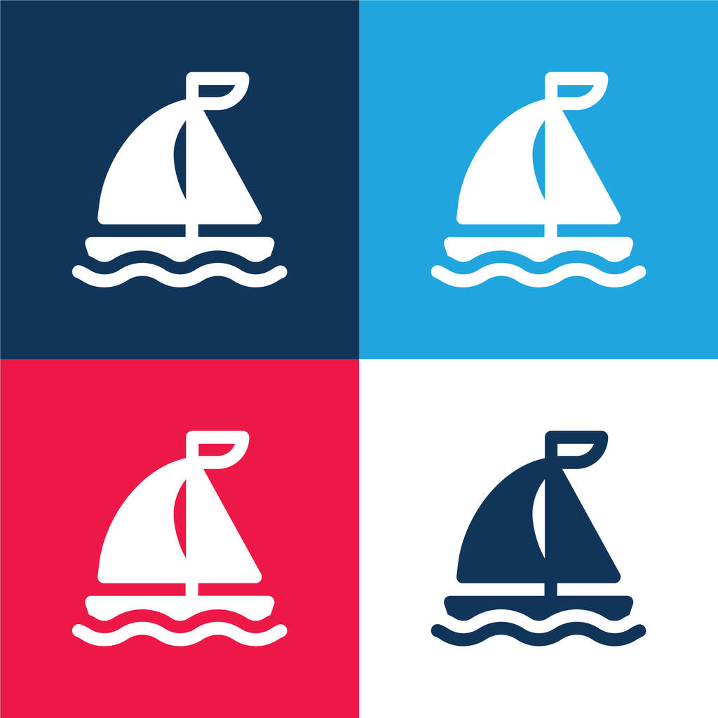 Barco azul y rojo de cuatro colores mínimo icono conjunto - Vector, imagen