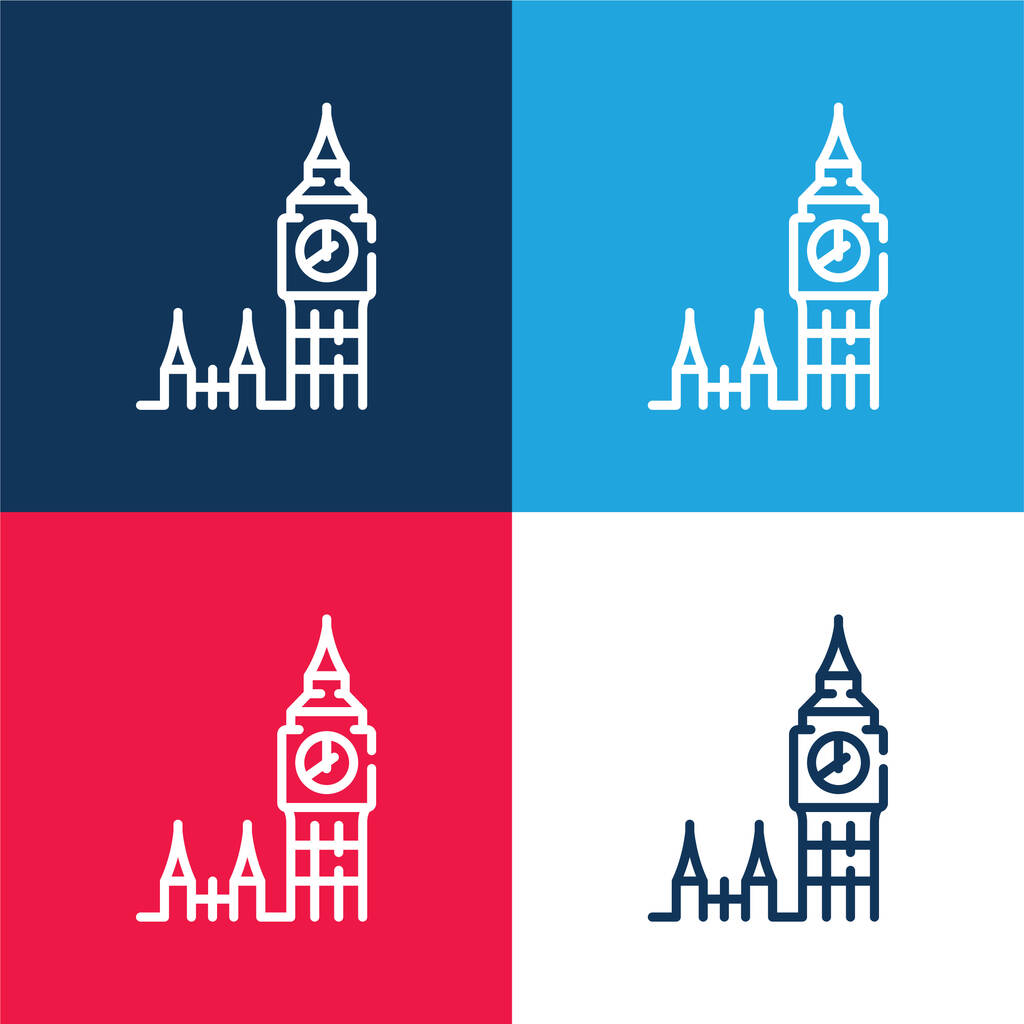 Big Ben sininen ja punainen nelivärinen minimaalinen kuvakesarja - Vektori, kuva