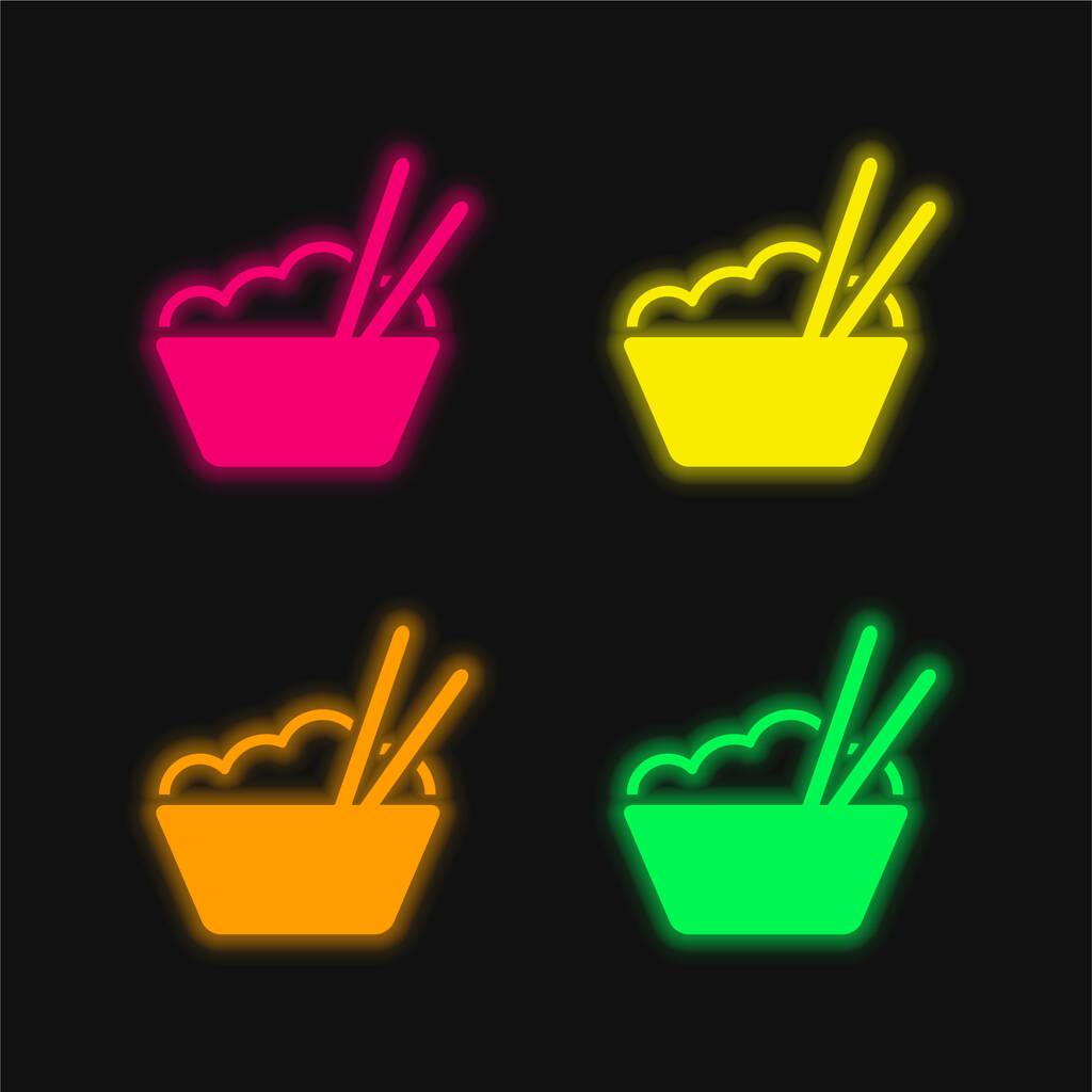 Чаша с рисом и палочками 4 цвета светящийся неоновый вектор значок - Вектор,изображение