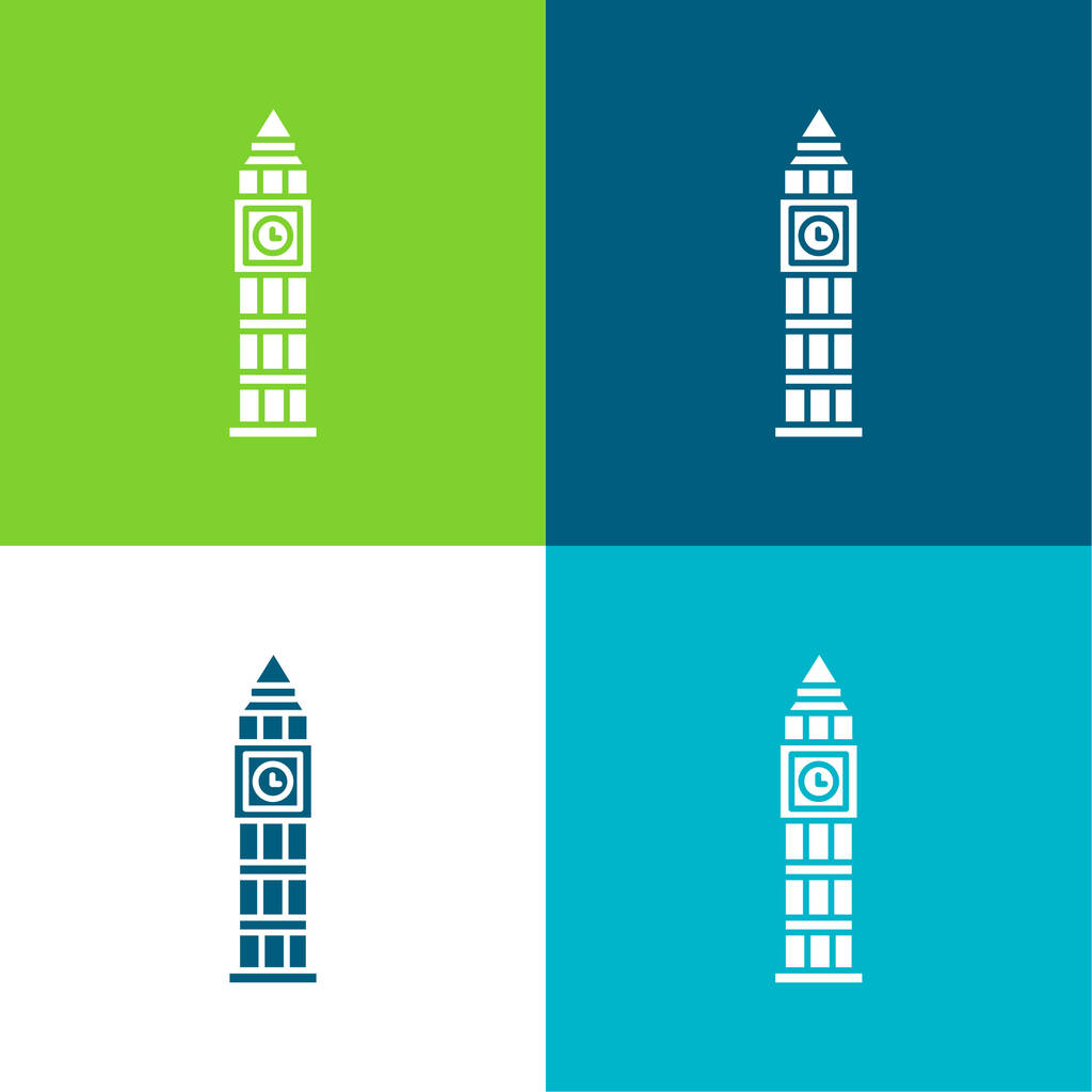 Big Ben Επίπεδη τέσσερις χρώμα ελάχιστο σύνολο εικονιδίων - Διάνυσμα, εικόνα