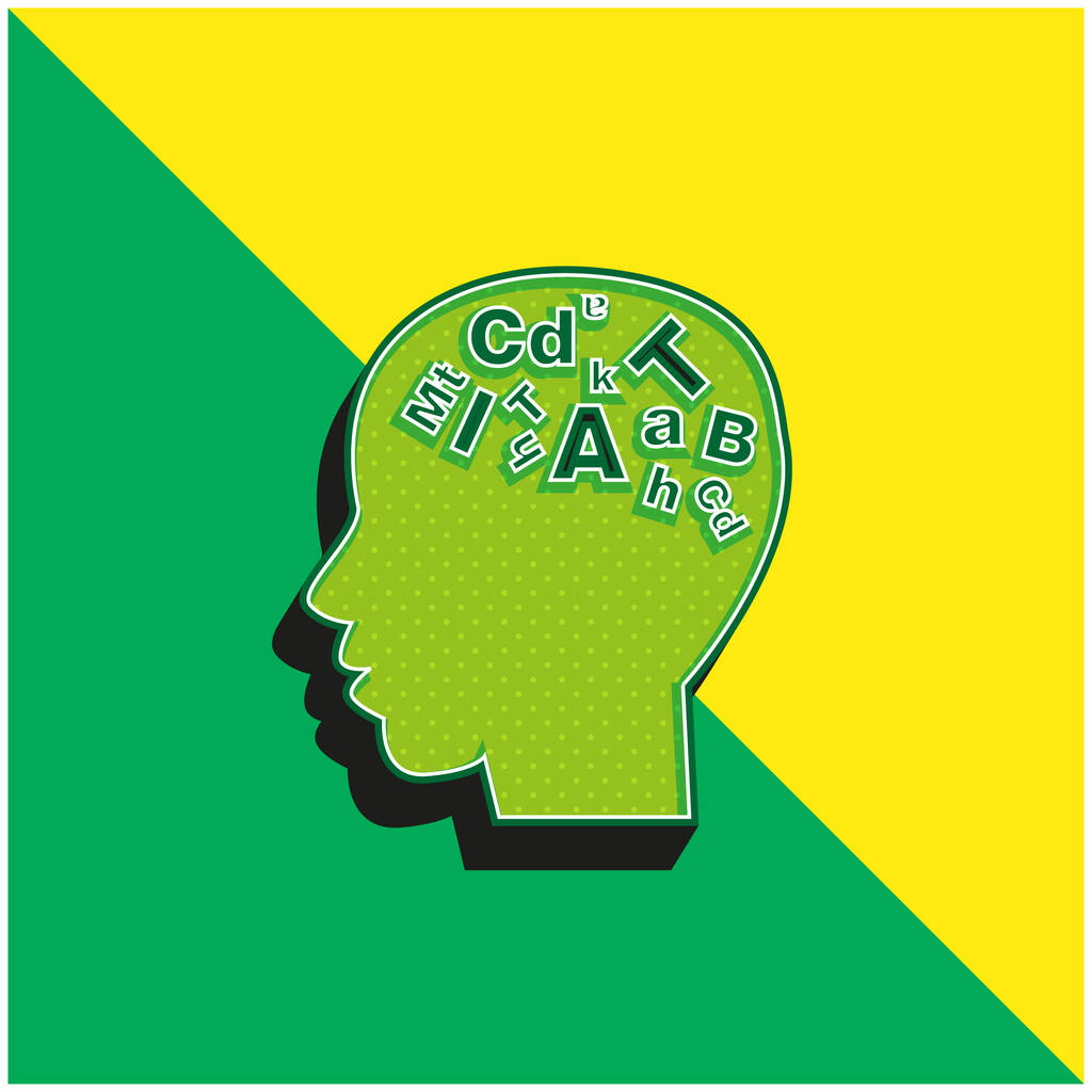 Bald Male Head Side View avec des lettres à l'intérieur vert et jaune moderne logo icône vectorielle 3d - Vecteur, image