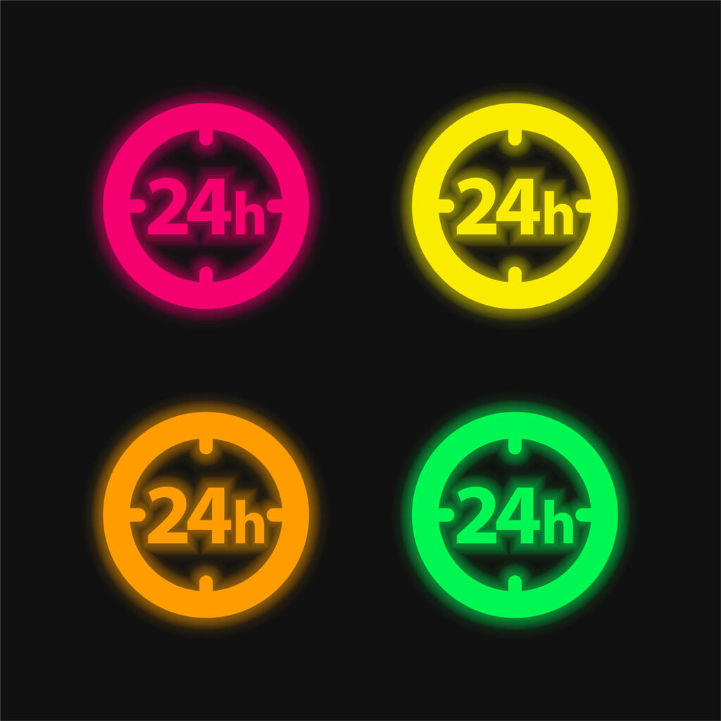 24 Heures Horloge circulaire Symbole quatre couleurs brillant néon vecteur icône - Vecteur, image