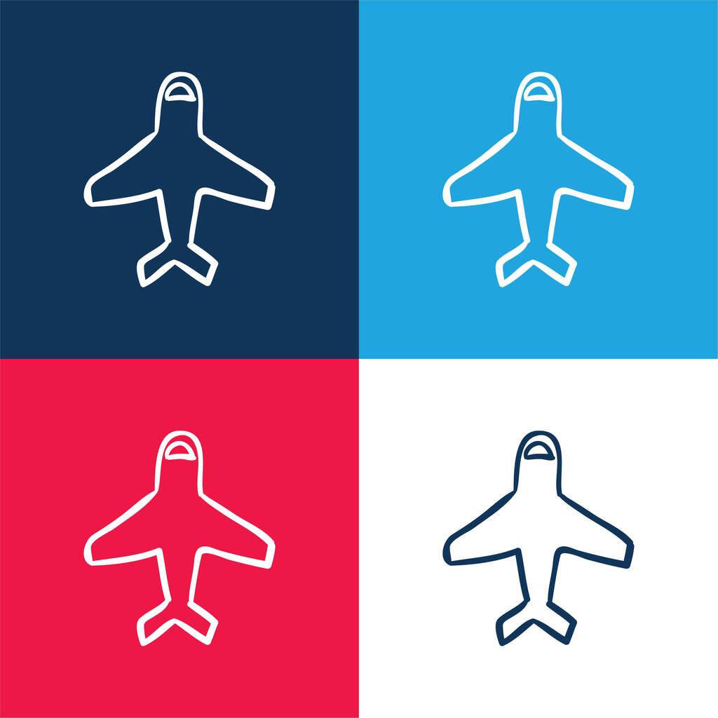 Vliegtuig Outline Pointing Up blauw en rood vier kleuren minimale pictogram set - Vector, afbeelding