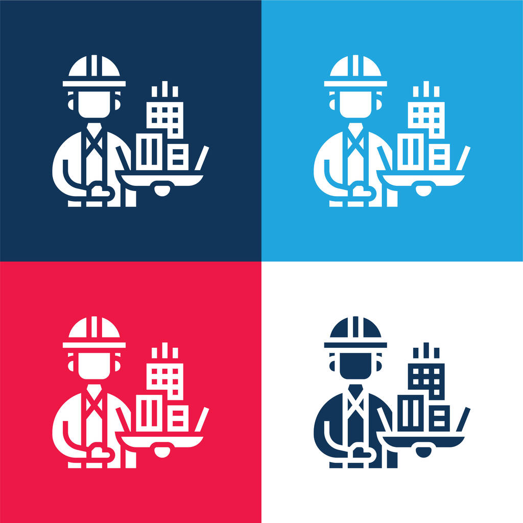 Építész kék és piros négy szín minimális ikon készlet - Vektor, kép