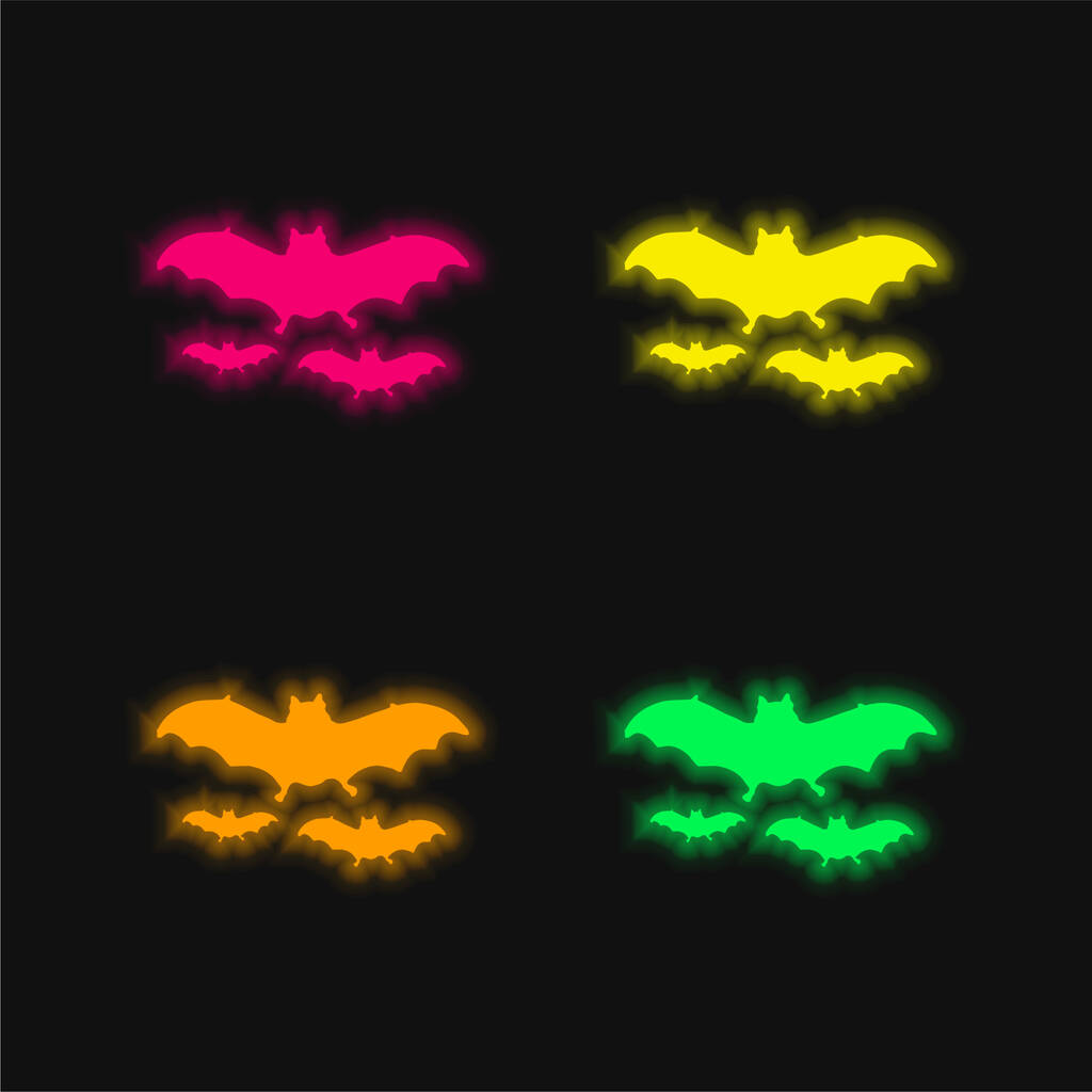 Morcegos Voando quatro cores brilhante ícone vetor de néon - Vetor, Imagem