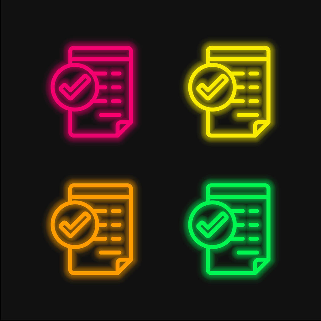 Aprovar fatura quatro cor brilhante ícone de vetor de néon - Vetor, Imagem
