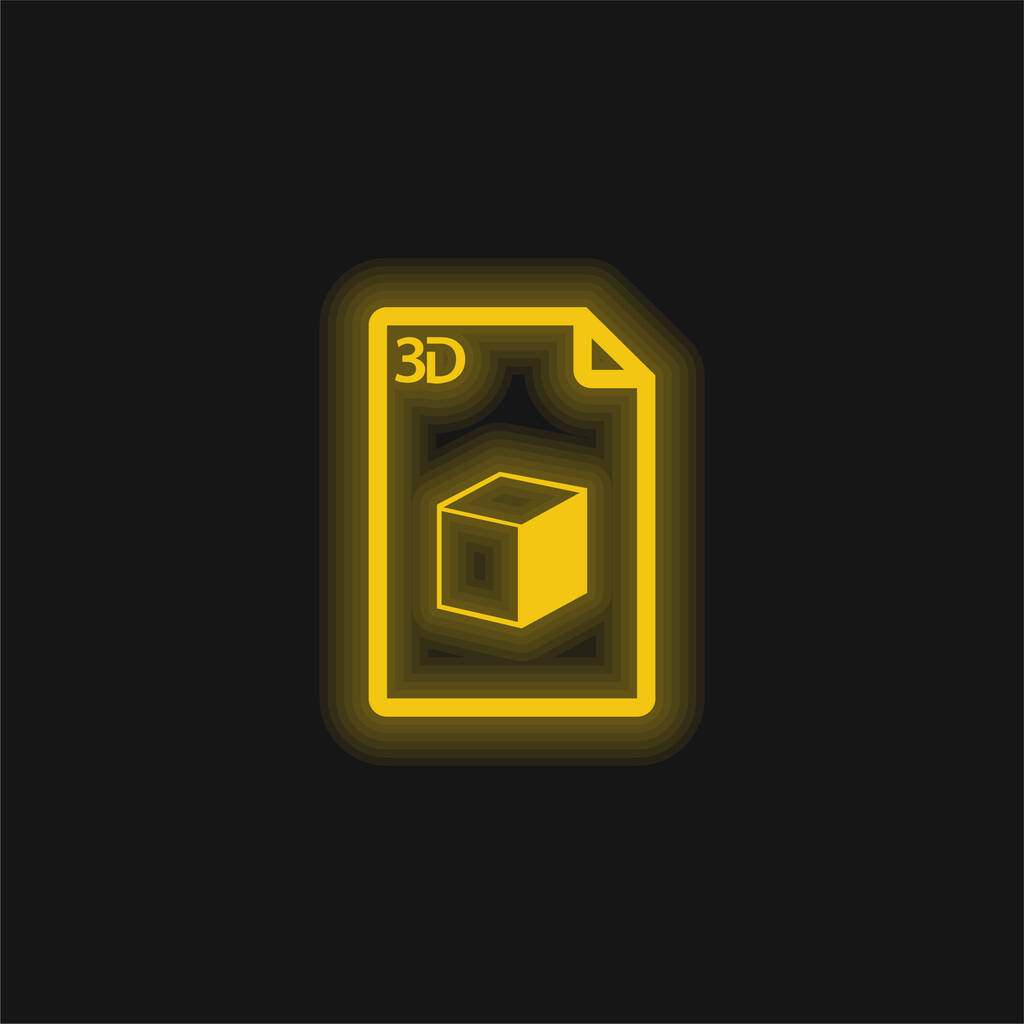 3D τυπωμένο φύλλο χαρτιού με ένα κύβο εικόνα κίτρινο λαμπερό νέον εικονίδιο - Διάνυσμα, εικόνα