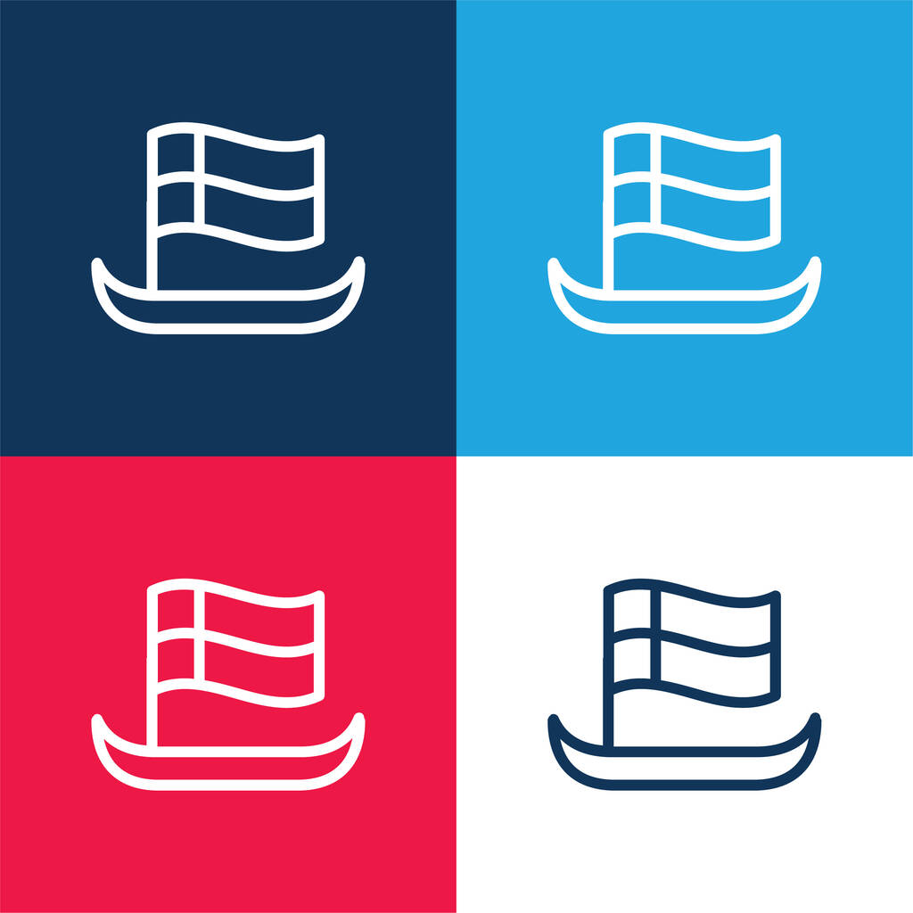 Barco com bandeira Esboço azul e vermelho quatro cores conjunto de ícones mínimos - Vetor, Imagem