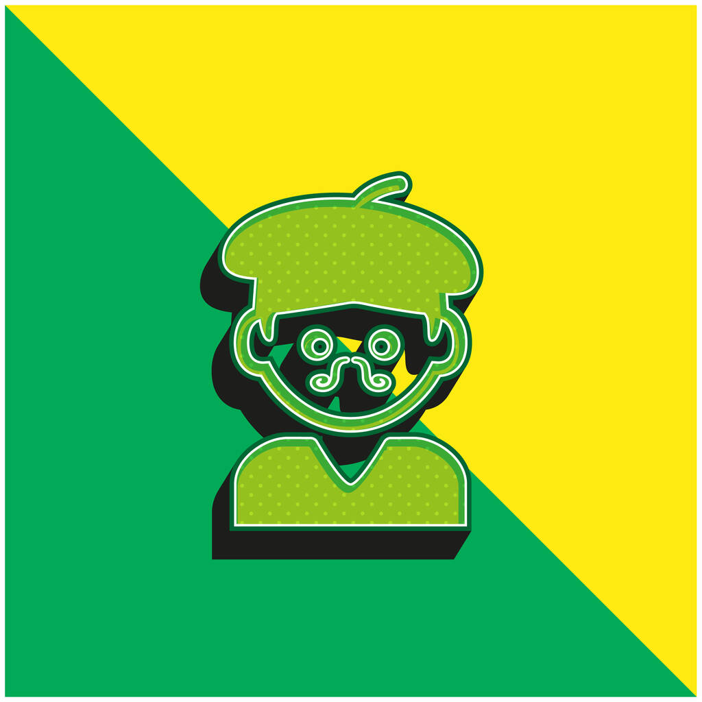 Artiste bohème homme avec chapeau et moustache vert et jaune logo vectoriel 3d moderne icône - Vecteur, image