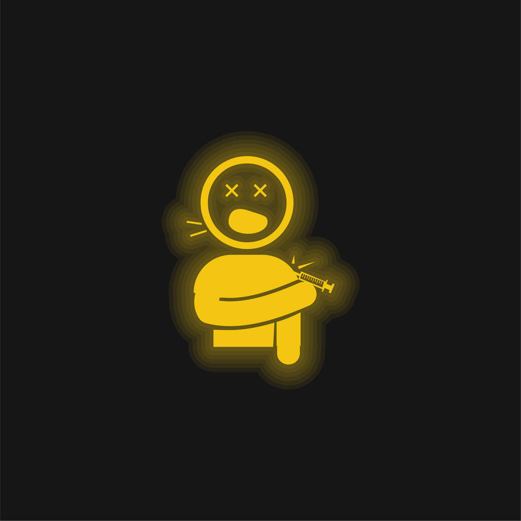 Menino gritando ferido com uma faca em seu ombro amarelo brilhante ícone de néon - Vetor, Imagem