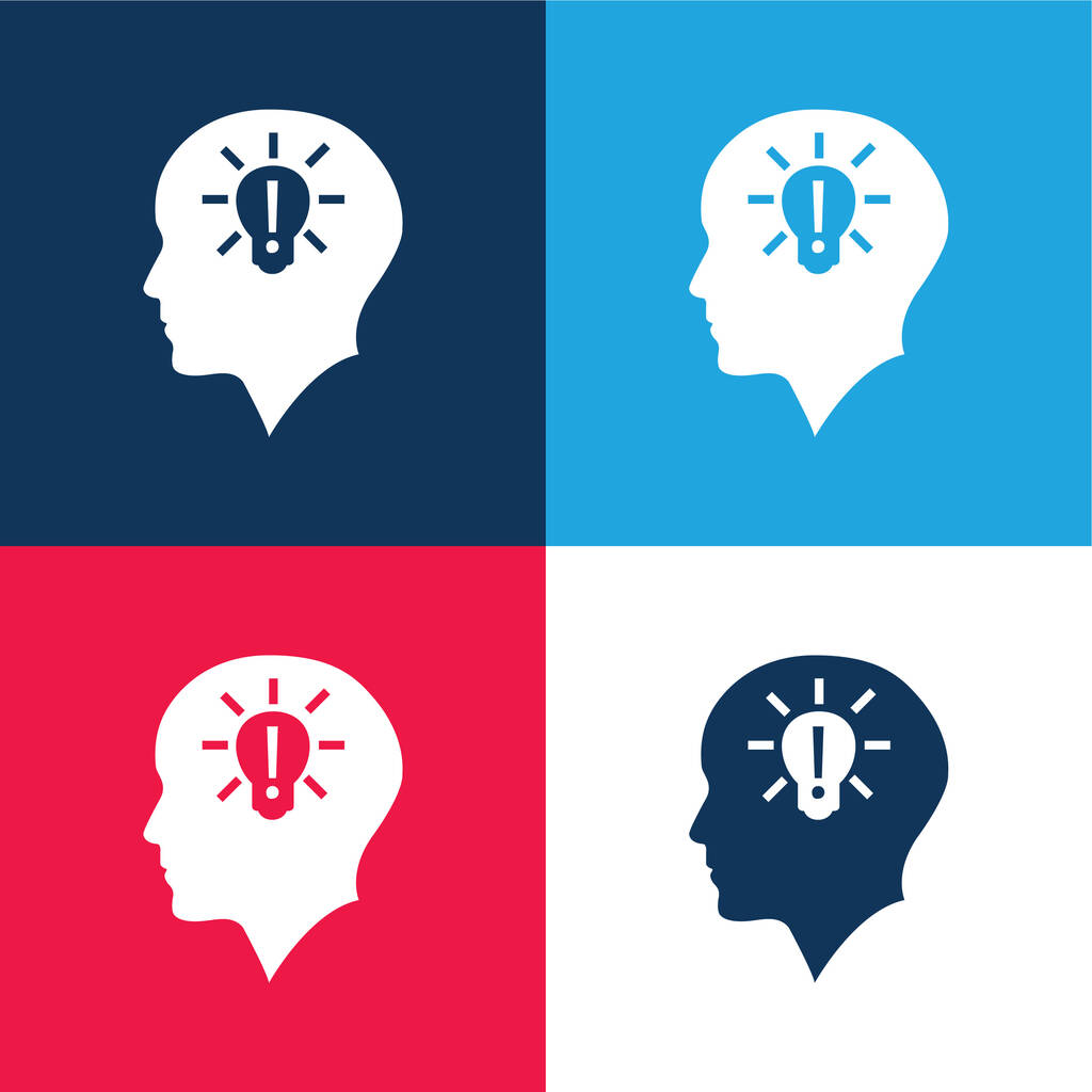 Bald Head With Lightbulb With Exclamation Sign Inside blue and red four color minimal icon set - Vector, Image