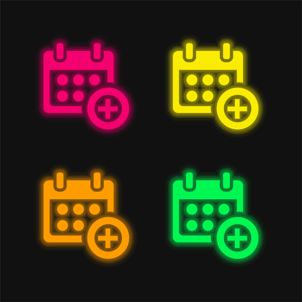 Add Calendar Symbol For Events four color glowing neon vector icon - Vector, Image