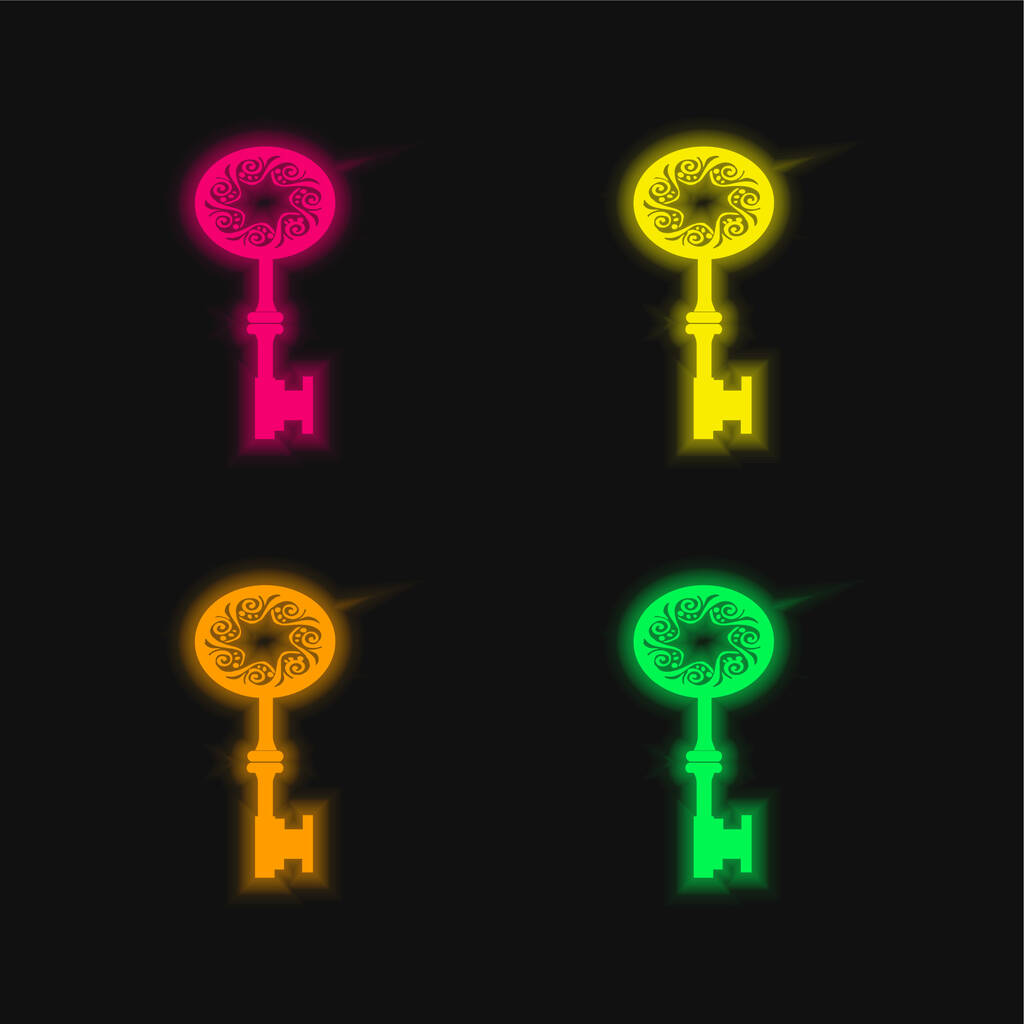 Antique Key Shape With Star Hole In The Middle Of Spirals In An Oval four color glowing neon vector icon - Vector, Image