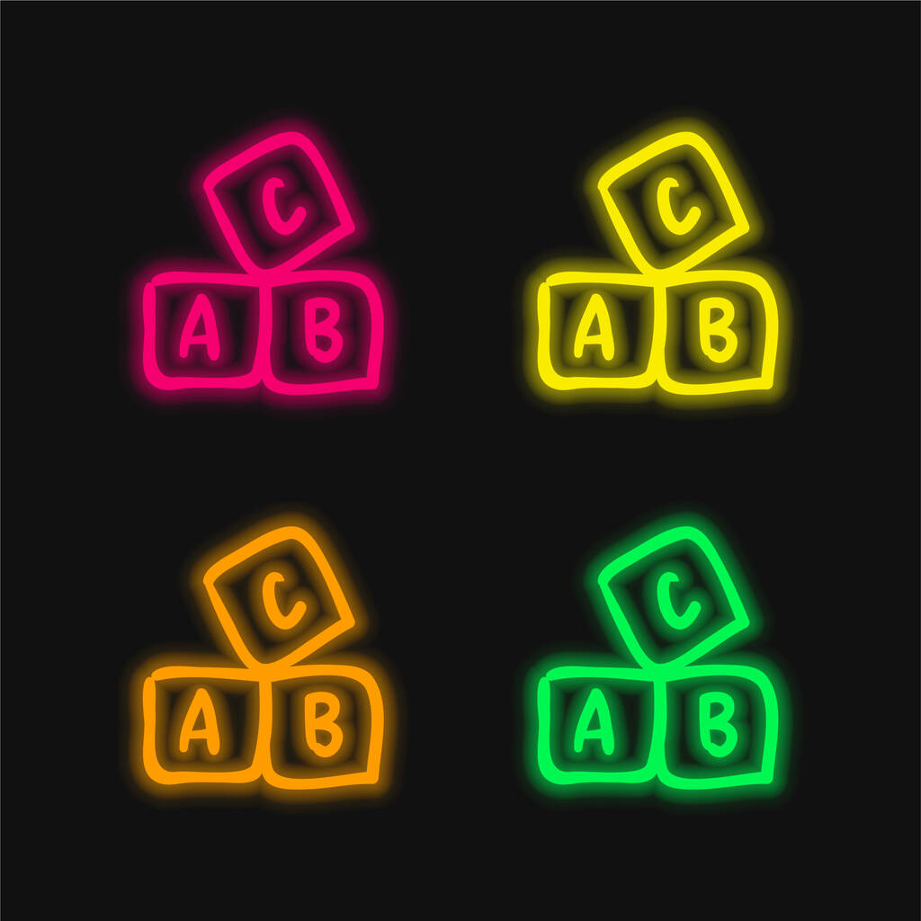 ABC Educativo Dibujado a mano cubos de cuatro colores brillante icono de vectores de neón - Vector, imagen
