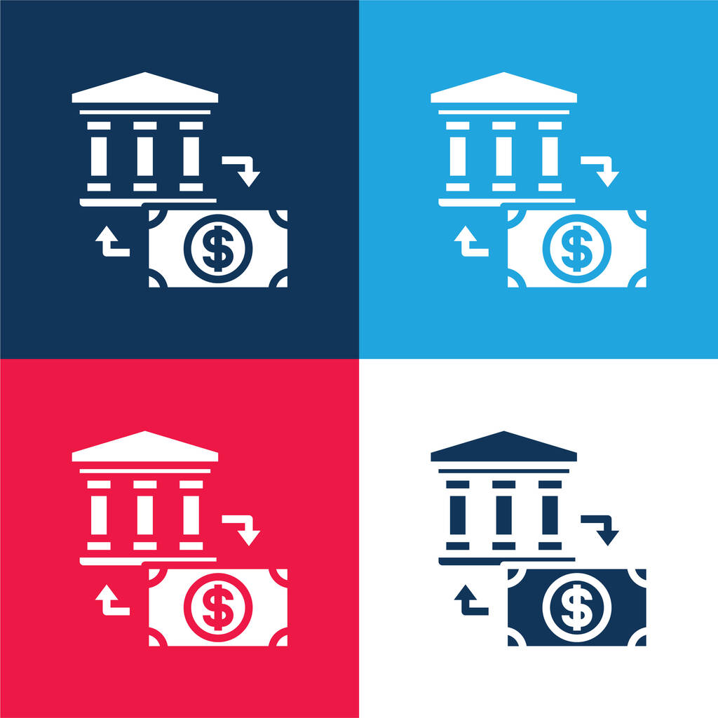 Bank blauw en rood vier kleuren minimale pictogram set - Vector, afbeelding