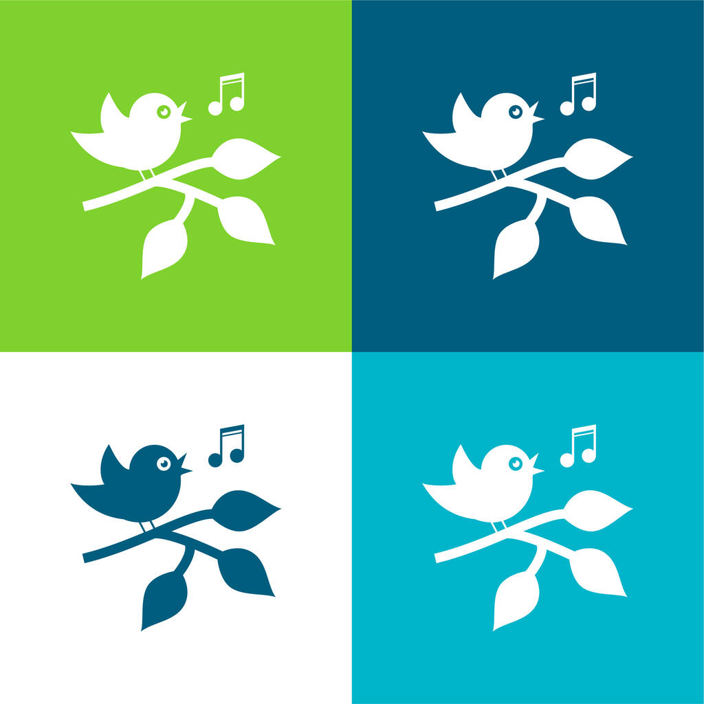 Bird Singing em um ramo com folhas plana quatro cores conjunto de ícones mínimos - Vetor, Imagem