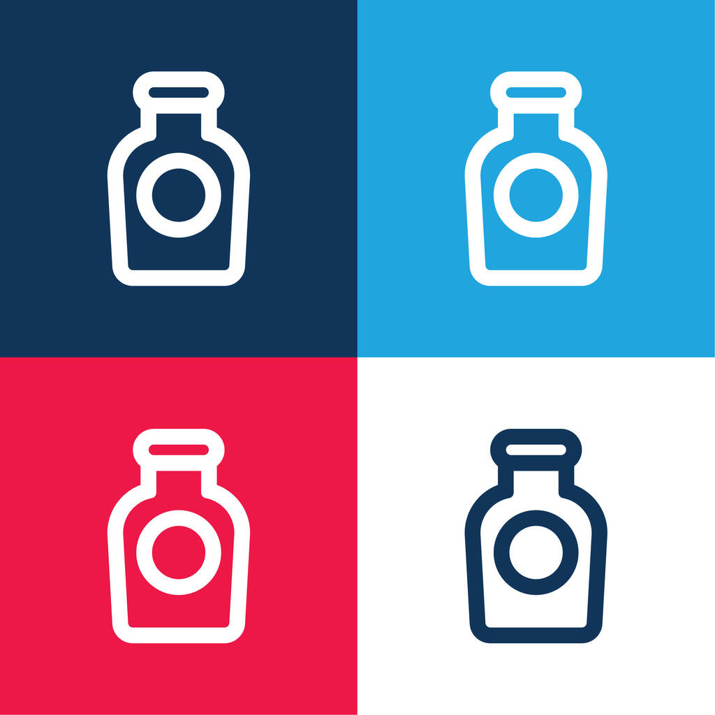 Flaschenumriss mit kreisförmigem Etikett blau und rot vier Farben minimales Symbol-Set - Vektor, Bild