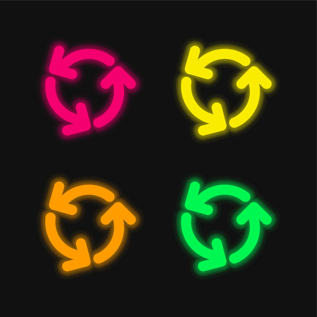 Pijlen Cirkel van Drie Draaien Tegen de klok in Richting vier kleuren gloeiende neon vector pictogram - Vector, afbeelding