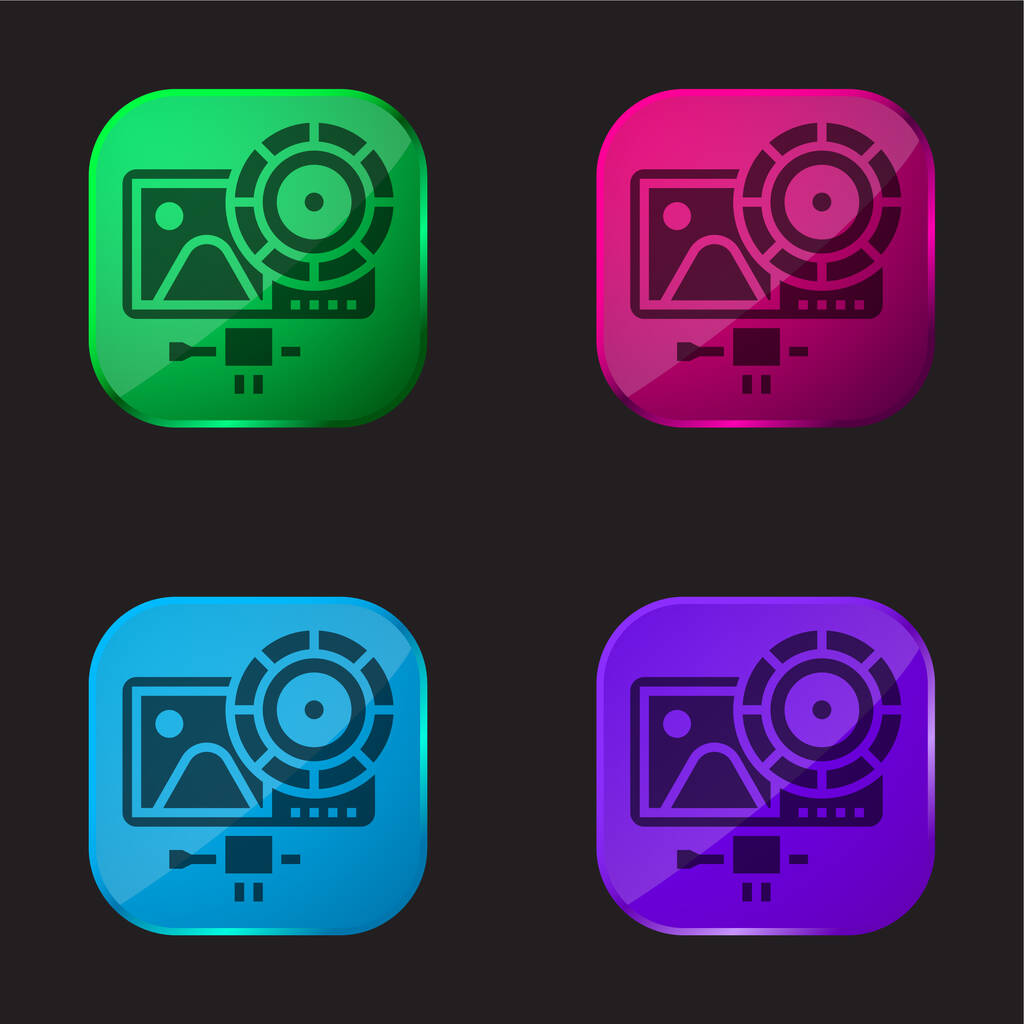 Action Camera ícone de botão de vidro de quatro cores - Vetor, Imagem