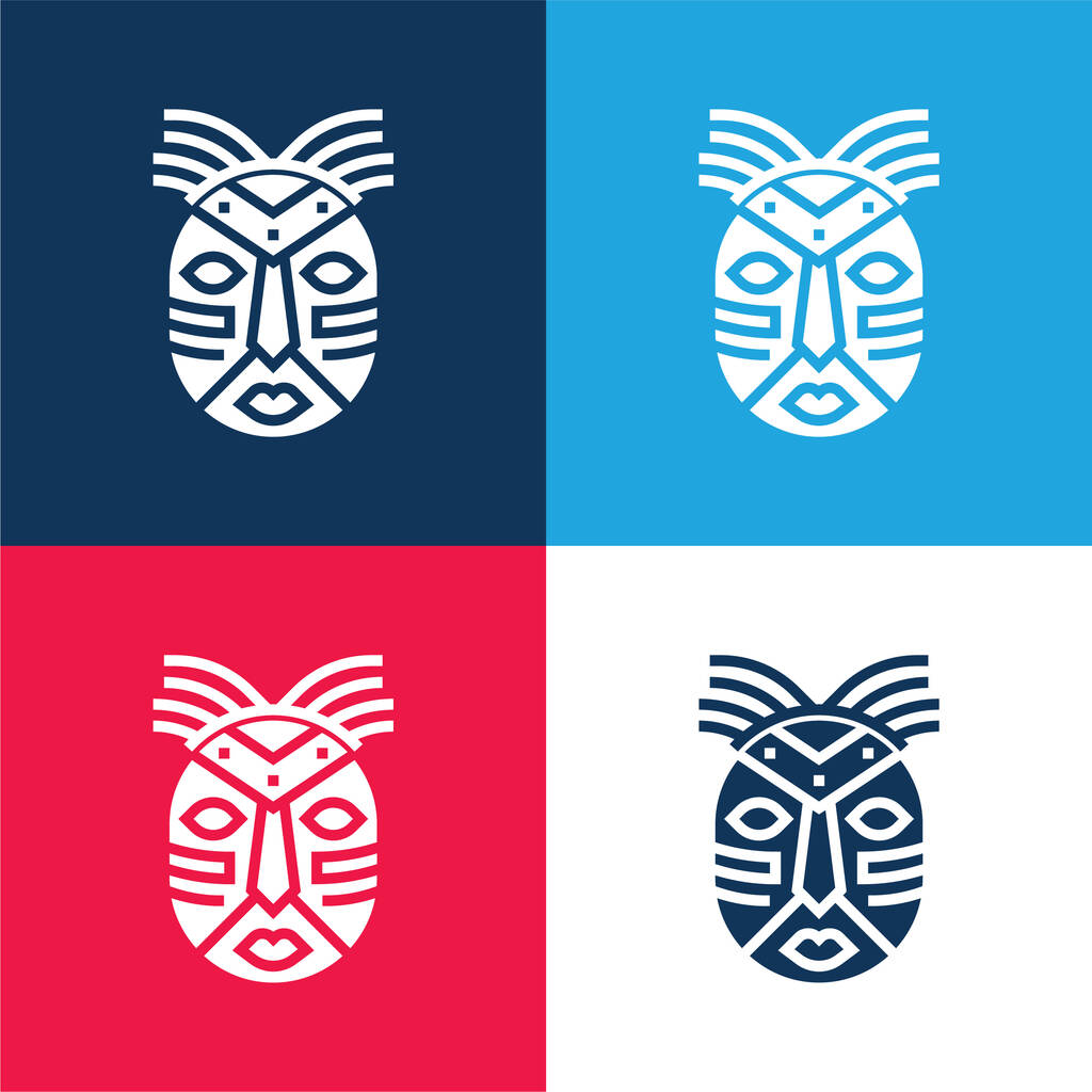 Máscara Africano azul e vermelho quatro cores conjunto de ícones mínimos - Vetor, Imagem