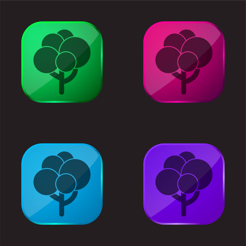 Forme d'arbre noir avec le feuillage de boules icône de bouton en verre de quatre couleurs - Vecteur, image
