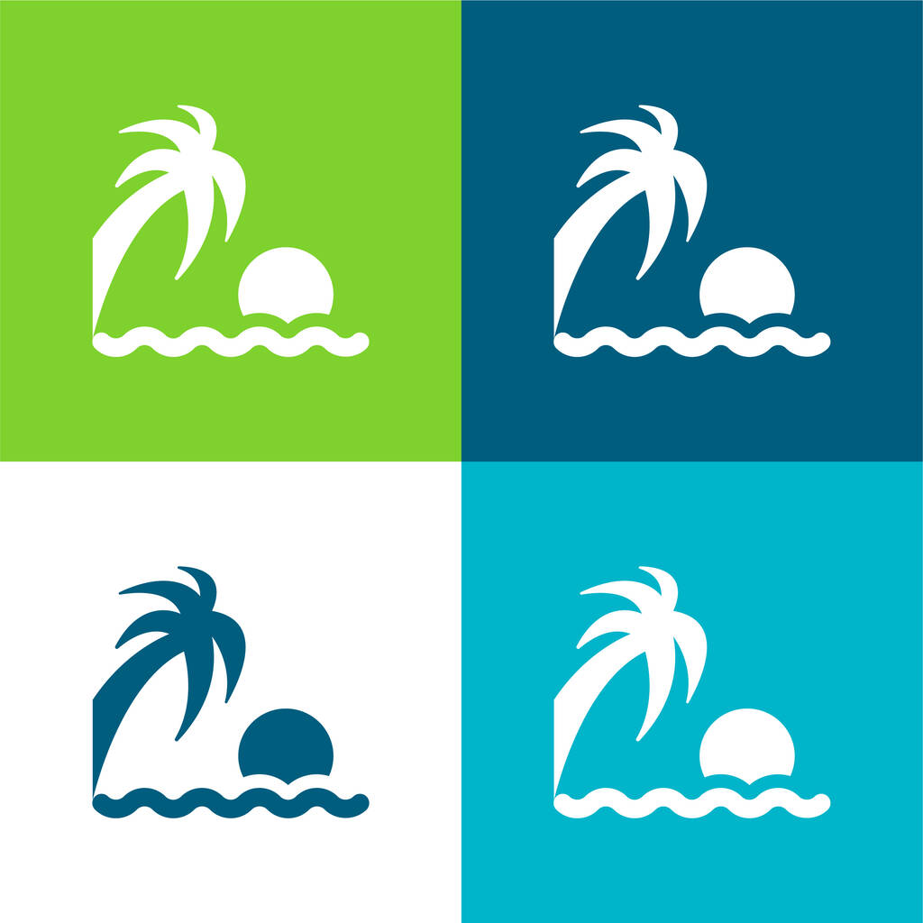 Playa puesta del sol Plano de cuatro colores mínimo icono conjunto - Vector, imagen
