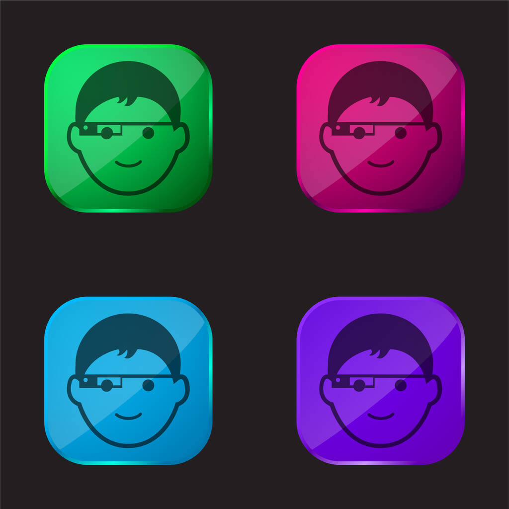 Cara de menino com Google Óculos ícone de botão de vidro de quatro cores - Vetor, Imagem