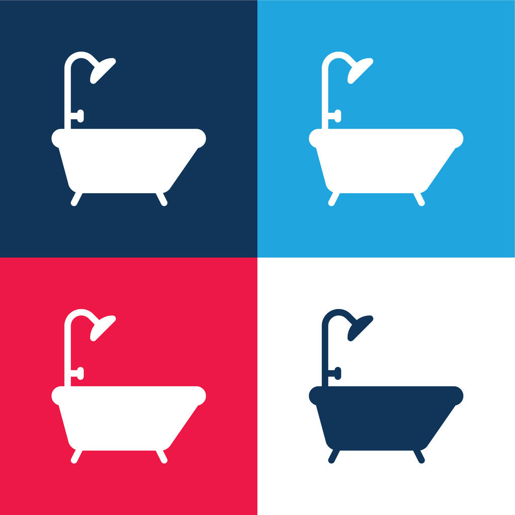 Badkuip blauw en rood vier kleuren minimale pictogram set - Vector, afbeelding