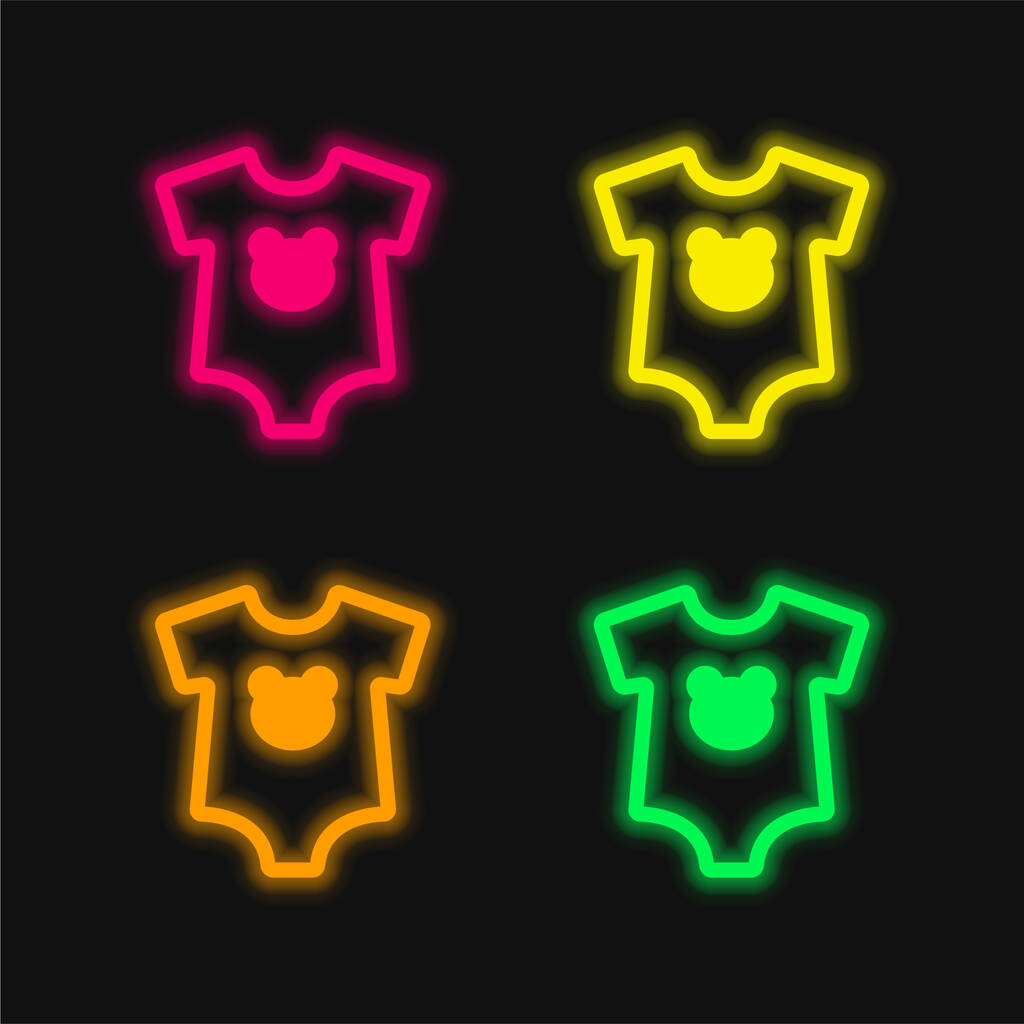 Baby-Dummy mit Bärenkopf Silhouette vier Farben leuchtenden Neon-Vektor-Symbol - Vektor, Bild